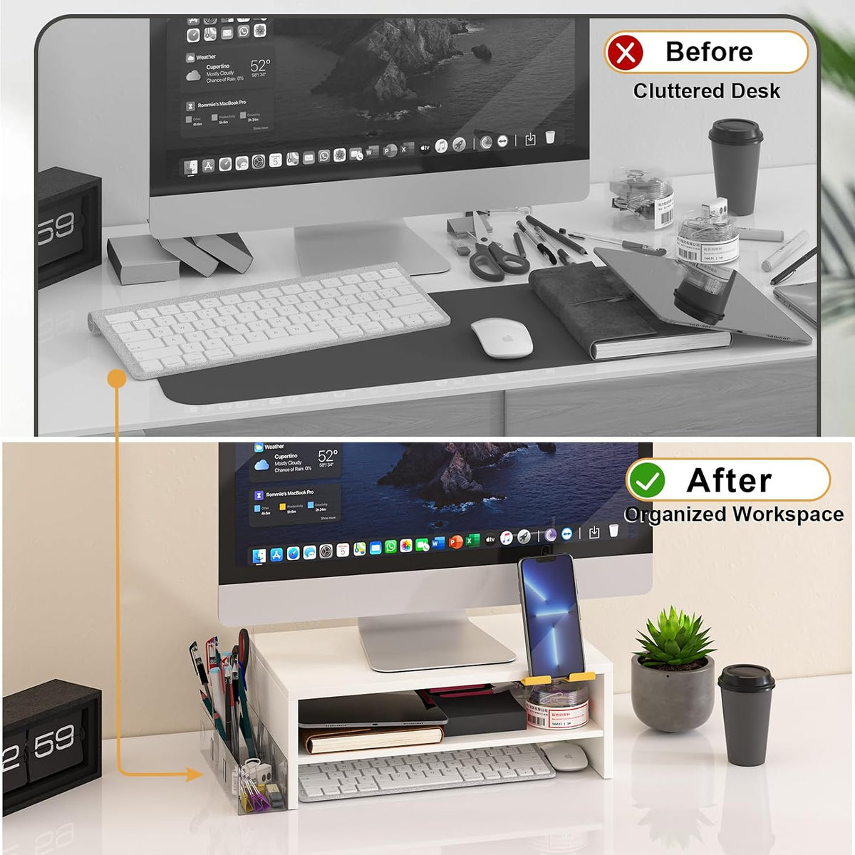 20 inch Monitor Riser Stand - 2 Tiers, Wood Rustic Desktop Bookshelf