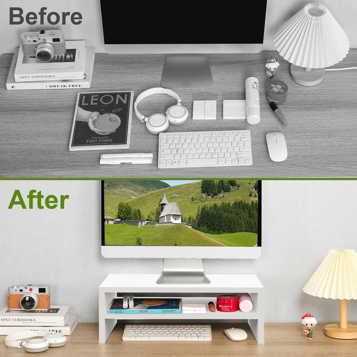 20 inch Monitor Riser Stand - 2 Tiers, Wood Rustic Desktop Bookshelf