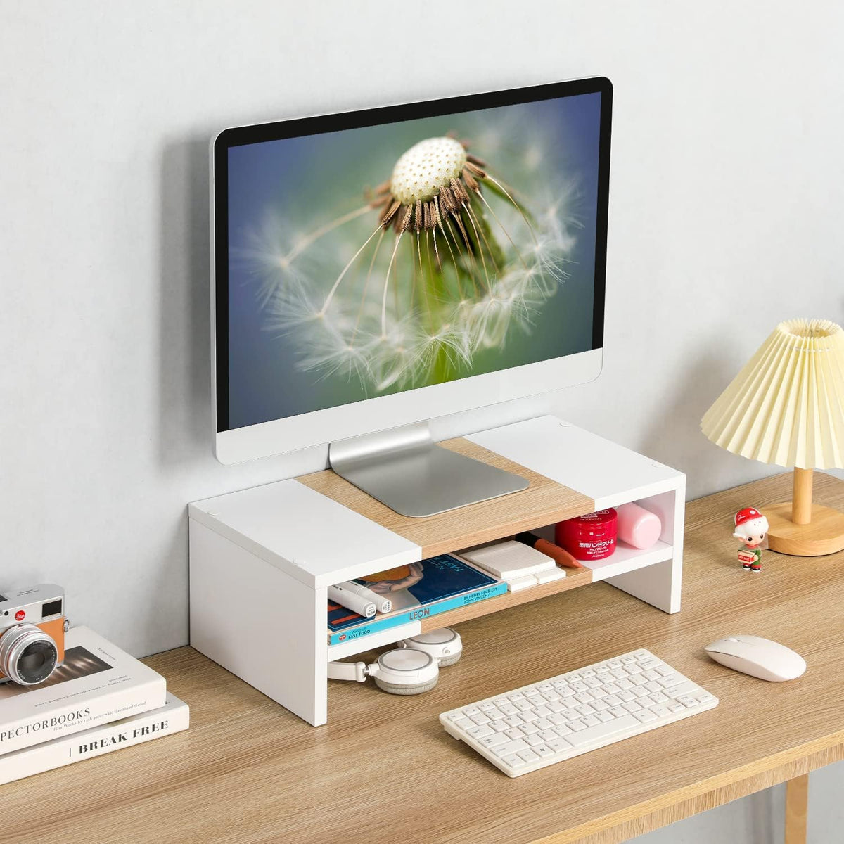 20 inch Monitor Riser Stand - 2 Tiers, Wood Rustic Desktop Bookshelf