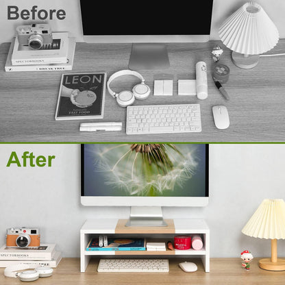 20 inch Monitor Riser Stand - 2 Tiers, Wood Rustic Desktop Bookshelf