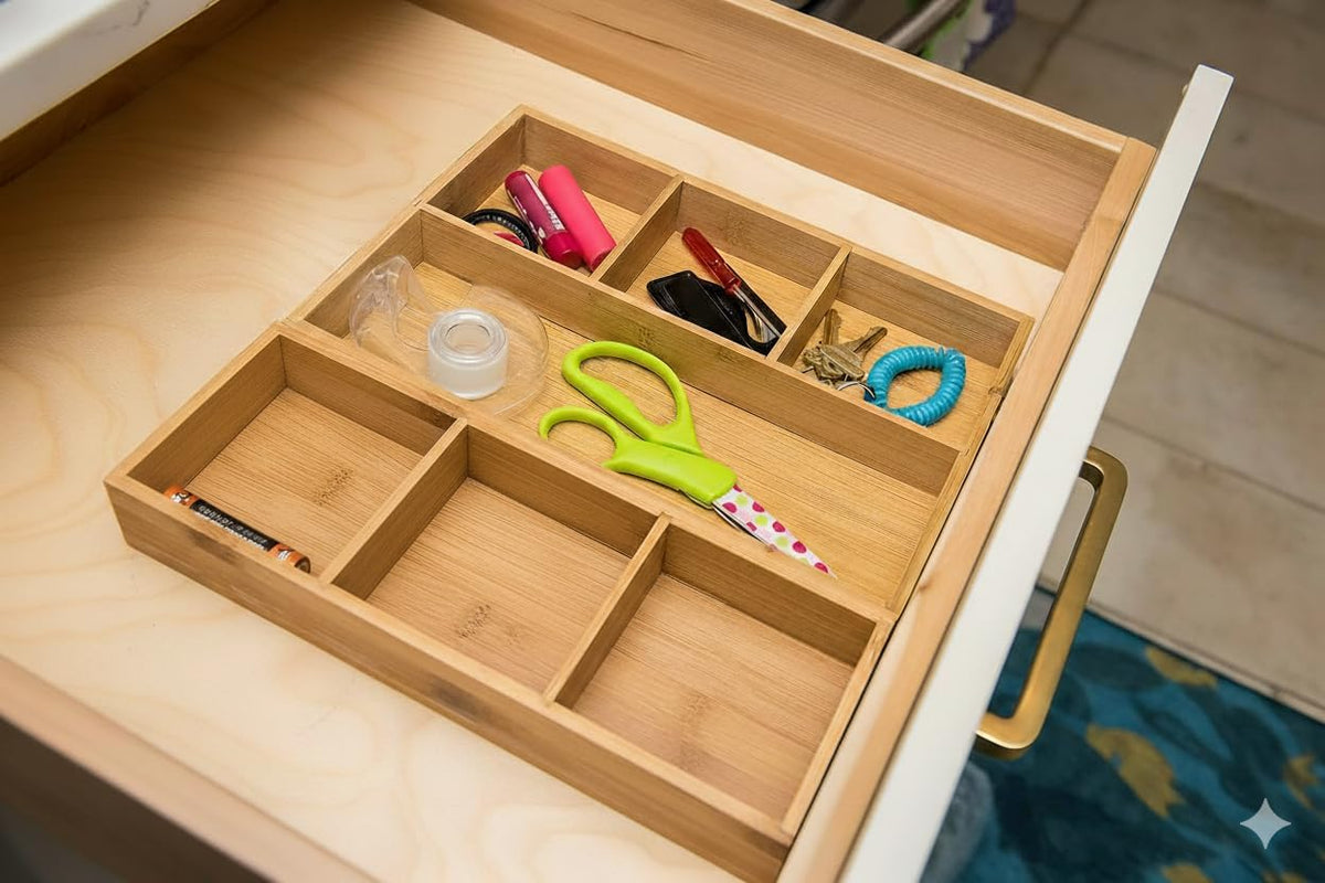 824, Bamboo Wood 4-Compartment Organizer Tray, 11 5/8" x 7 7/8" x 1 3/4"