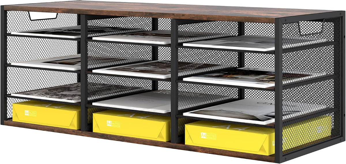 12 Compartments Desktop Literature Organizer, Metal Frame Paper Sorter with Handles, Heavy Duty Mailbox for Classroom and Office, Wood File Organizer for Document, Bill, Magazine, Antique Brown