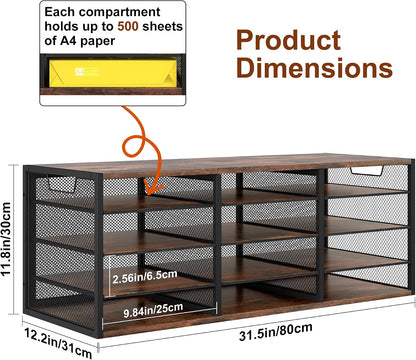 12 Compartments Desktop Literature Organizer, Metal Frame Paper Sorter with Handles, Heavy Duty Mailbox for Classroom and Office, Wood File Organizer for Document, Bill, Magazine, Antique Brown