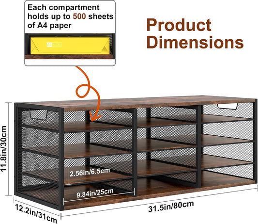 12 Compartments Desktop Literature Organizer, Metal Frame Paper Sorter with Handles, Heavy Duty Mailbox for Classroom and Office, Wood File Organizer for Document, Bill, Magazine, Antique Brown