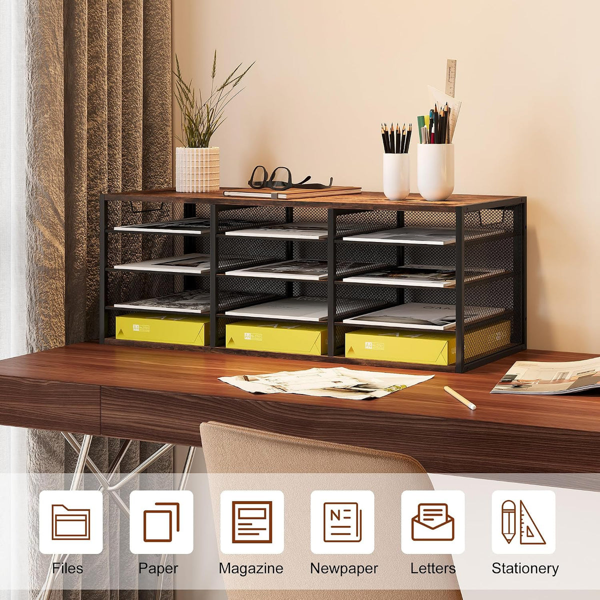 12 Compartments Desktop Literature Organizer, Metal Frame Paper Sorter with Handles, Heavy Duty Mailbox for Classroom and Office, Wood File Organizer for Document, Bill, Magazine, Antique Brown