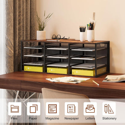 12 Compartments Desktop Literature Organizer, Metal Frame Paper Sorter with Handles, Heavy Duty Mailbox for Classroom and Office, Wood File Organizer for Document, Bill, Magazine, Antique Brown