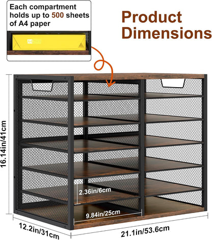 12 Compartments Desktop Literature Organizer, Metal Frame Paper Sorter with Handles, Heavy Duty Mailbox for Classroom and Office, Wood File Organizer for Document, Bill, Magazine, Antique Brown