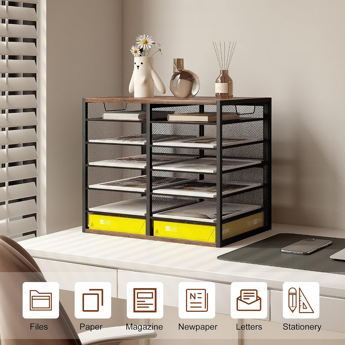 12 Compartments Desktop Literature Organizer, Metal Frame Paper Sorter with Handles, Heavy Duty Mailbox for Classroom and Office, Wood File Organizer for Document, Bill, Magazine, Antique Brown