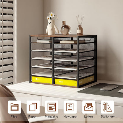 12 Compartments Desktop Literature Organizer, Metal Frame Paper Sorter with Handles, Heavy Duty Mailbox for Classroom and Office, Wood File Organizer for Document, Bill, Magazine, Antique Brown
