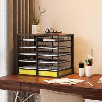 12 Compartments Desktop Literature Organizer, Metal Frame Paper Sorter with Handles, Heavy Duty Mailbox for Classroom and Office, Wood File Organizer for Document, Bill, Magazine, Antique Brown