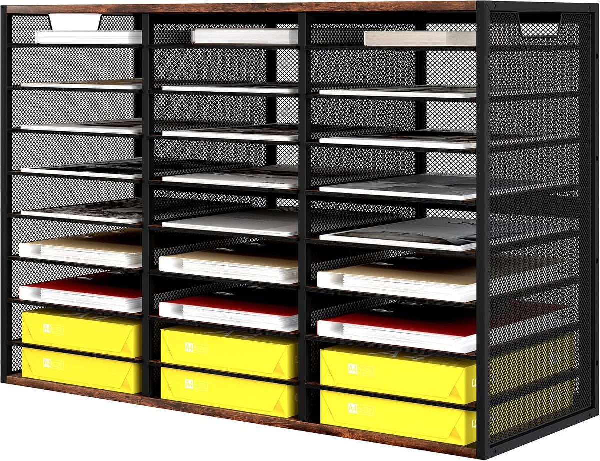 12 Compartments Desktop Literature Organizer, Metal Frame Paper Sorter with Handles, Heavy Duty Mailbox for Classroom and Office, Wood File Organizer for Document, Bill, Magazine, Antique Brown