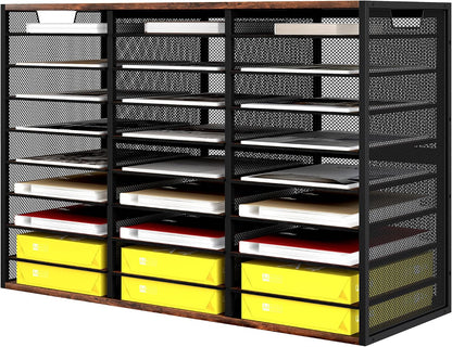 12 Compartments Desktop Literature Organizer, Metal Frame Paper Sorter with Handles, Heavy Duty Mailbox for Classroom and Office, Wood File Organizer for Document, Bill, Magazine, Antique Brown