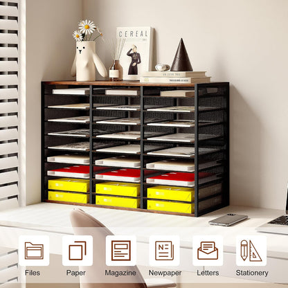 12 Compartments Desktop Literature Organizer, Metal Frame Paper Sorter with Handles, Heavy Duty Mailbox for Classroom and Office, Wood File Organizer for Document, Bill, Magazine, Antique Brown