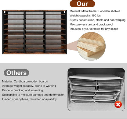 12 Compartments Desktop Literature Organizer, Metal Frame Paper Sorter with Handles, Heavy Duty Mailbox for Classroom and Office, Wood File Organizer for Document, Bill, Magazine, Antique Brown