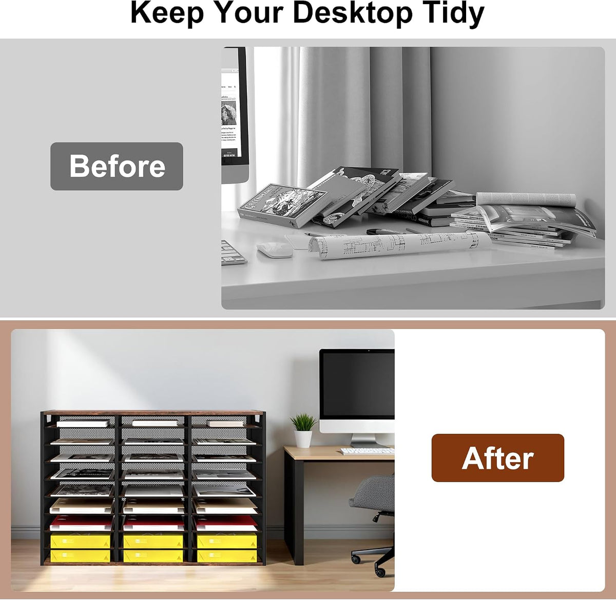 12 Compartments Desktop Literature Organizer, Metal Frame Paper Sorter with Handles, Heavy Duty Mailbox for Classroom and Office, Wood File Organizer for Document, Bill, Magazine, Antique Brown