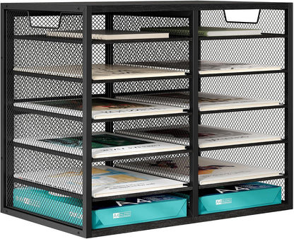 12 Compartments Desktop Literature Organizer, Metal Frame Paper Sorter with Handles, Heavy Duty Mailbox for Classroom and Office, Wood File Organizer for Document, Bill, Magazine, Antique Brown