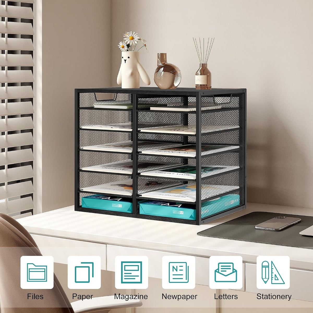 12 Compartments Desktop Literature Organizer, Metal Frame Paper Sorter with Handles, Heavy Duty Mailbox for Classroom and Office, Wood File Organizer for Document, Bill, Magazine, Antique Brown