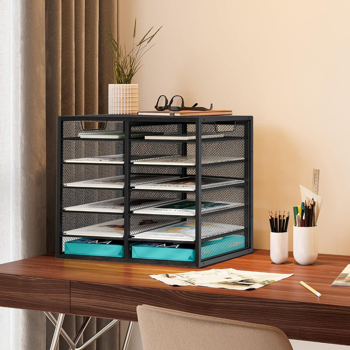 12 Compartments Desktop Literature Organizer, Metal Frame Paper Sorter with Handles, Heavy Duty Mailbox for Classroom and Office, Wood File Organizer for Document, Bill, Magazine, Antique Brown