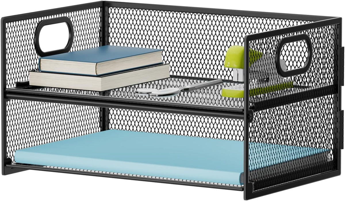 2 Tier Paper Organizer Letter Tray, Mesh File Organizer with Handle, Paper Sorter Desk Organizer for Home Office Supplies - Black