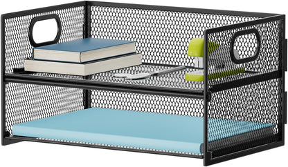 2 Tier Paper Organizer Letter Tray, Mesh File Organizer with Handle, Paper Sorter Desk Organizer for Home Office Supplies - Black