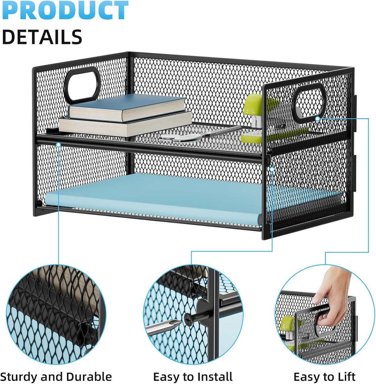 2 Tier Paper Organizer Letter Tray, Mesh File Organizer with Handle, Paper Sorter Desk Organizer for Home Office Supplies - Black