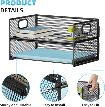 2 Tier Paper Organizer Letter Tray, Mesh File Organizer with Handle, Paper Sorter Desk Organizer for Home Office Supplies - Black