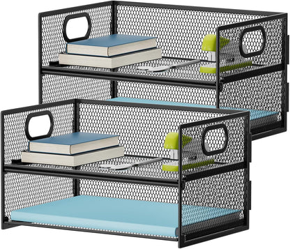 2 Tier Paper Organizer Letter Tray, Mesh File Organizer with Handle, Paper Sorter Desk Organizer for Home Office Supplies - Black