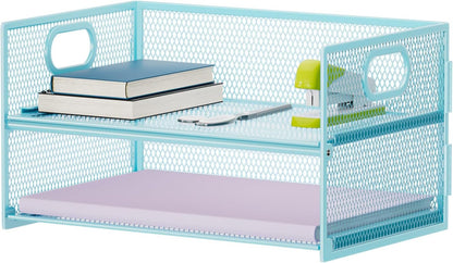 2 Tier Paper Organizer Letter Tray, Mesh File Organizer with Handle, Paper Sorter Desk Organizer for Home Office Supplies - Black