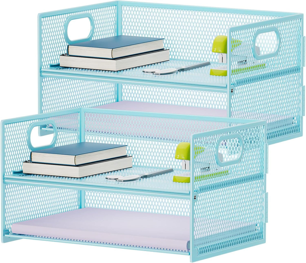 2 Tier Paper Organizer Letter Tray, Mesh File Organizer with Handle, Paper Sorter Desk Organizer for Home Office Supplies - Black