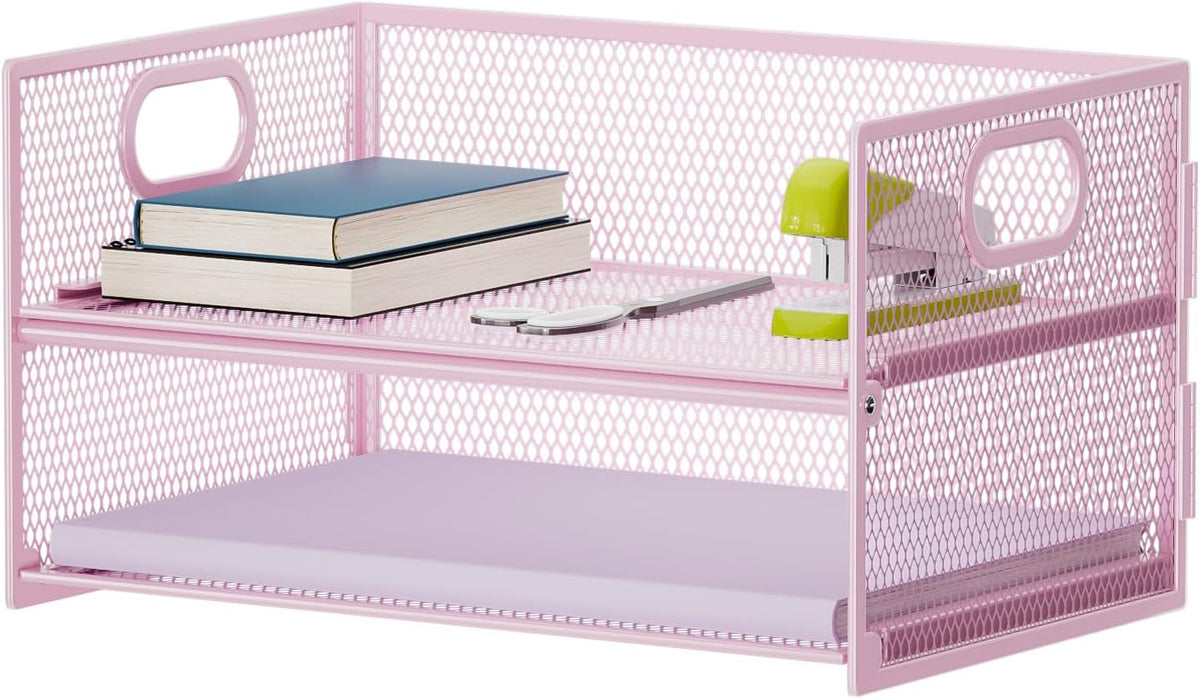 2 Tier Paper Organizer Letter Tray, Mesh File Organizer with Handle, Paper Sorter Desk Organizer for Home Office Supplies - Black
