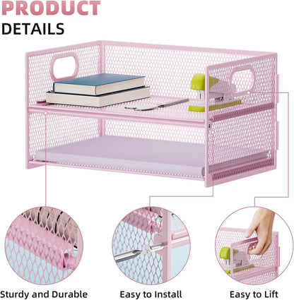 2 Tier Paper Organizer Letter Tray, Mesh File Organizer with Handle, Paper Sorter Desk Organizer for Home Office Supplies - Black