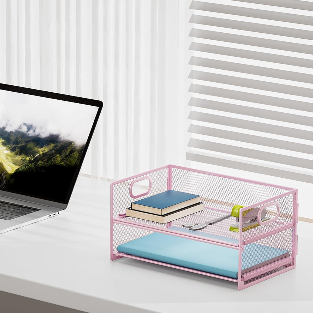 2 Tier Paper Organizer Letter Tray, Mesh File Organizer with Handle, Paper Sorter Desk Organizer for Home Office Supplies - Black