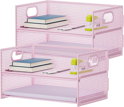 2 Tier Paper Organizer Letter Tray, Mesh File Organizer with Handle, Paper Sorter Desk Organizer for Home Office Supplies - Black