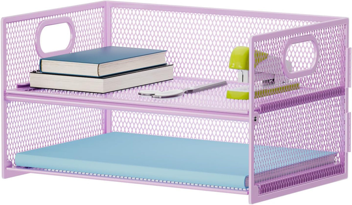 2 Tier Paper Organizer Letter Tray, Mesh File Organizer with Handle, Paper Sorter Desk Organizer for Home Office Supplies - Black