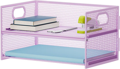 2 Tier Paper Organizer Letter Tray, Mesh File Organizer with Handle, Paper Sorter Desk Organizer for Home Office Supplies - Black