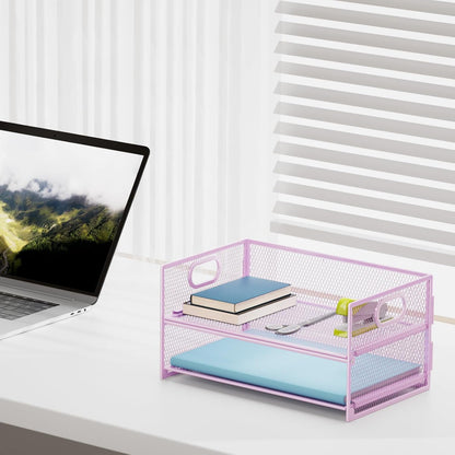 2 Tier Paper Organizer Letter Tray, Mesh File Organizer with Handle, Paper Sorter Desk Organizer for Home Office Supplies - Black