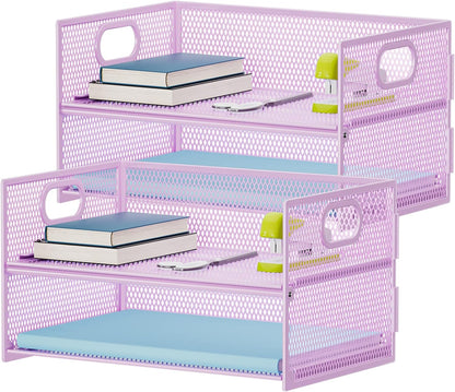 2 Tier Paper Organizer Letter Tray, Mesh File Organizer with Handle, Paper Sorter Desk Organizer for Home Office Supplies - Black