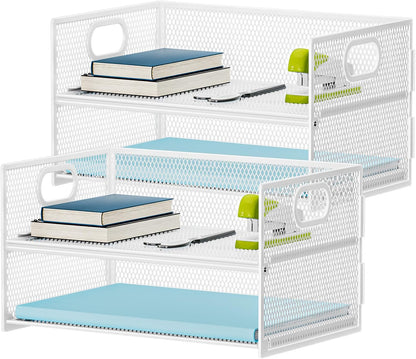 2 Tier Paper Organizer Letter Tray, Mesh File Organizer with Handle, Paper Sorter Desk Organizer for Home Office Supplies - Black
