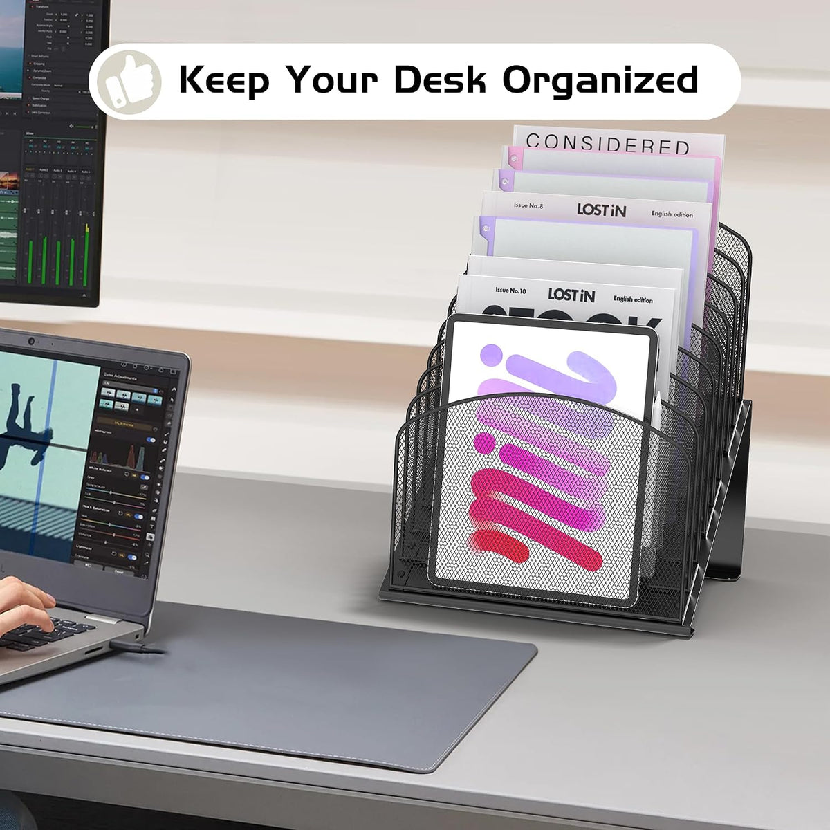 Inclined Desk File Organizer Folder Holder with 8-Section, Black