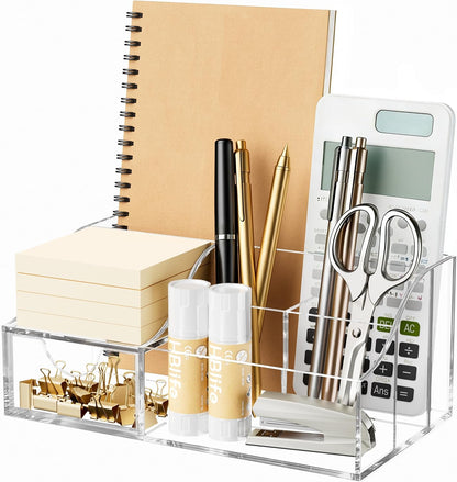 Acrylic Desk Organizer with Drawer, Pen & Pencil Holder, Multifunctional Desktop Caddy for Office Supply and Organization (Clear)
