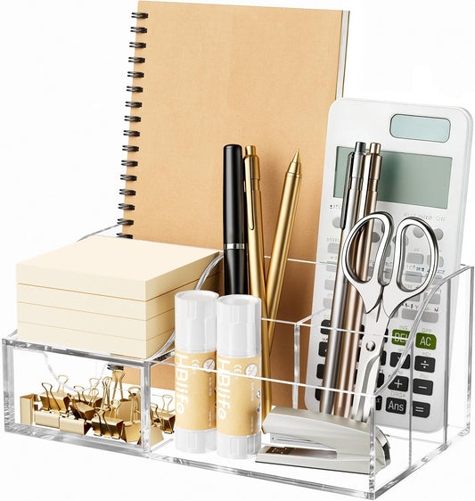 Acrylic Desk Organizer with Drawer, Pen & Pencil Holder, Multifunctional Desktop Caddy for Office Supply and Organization (Clear)
