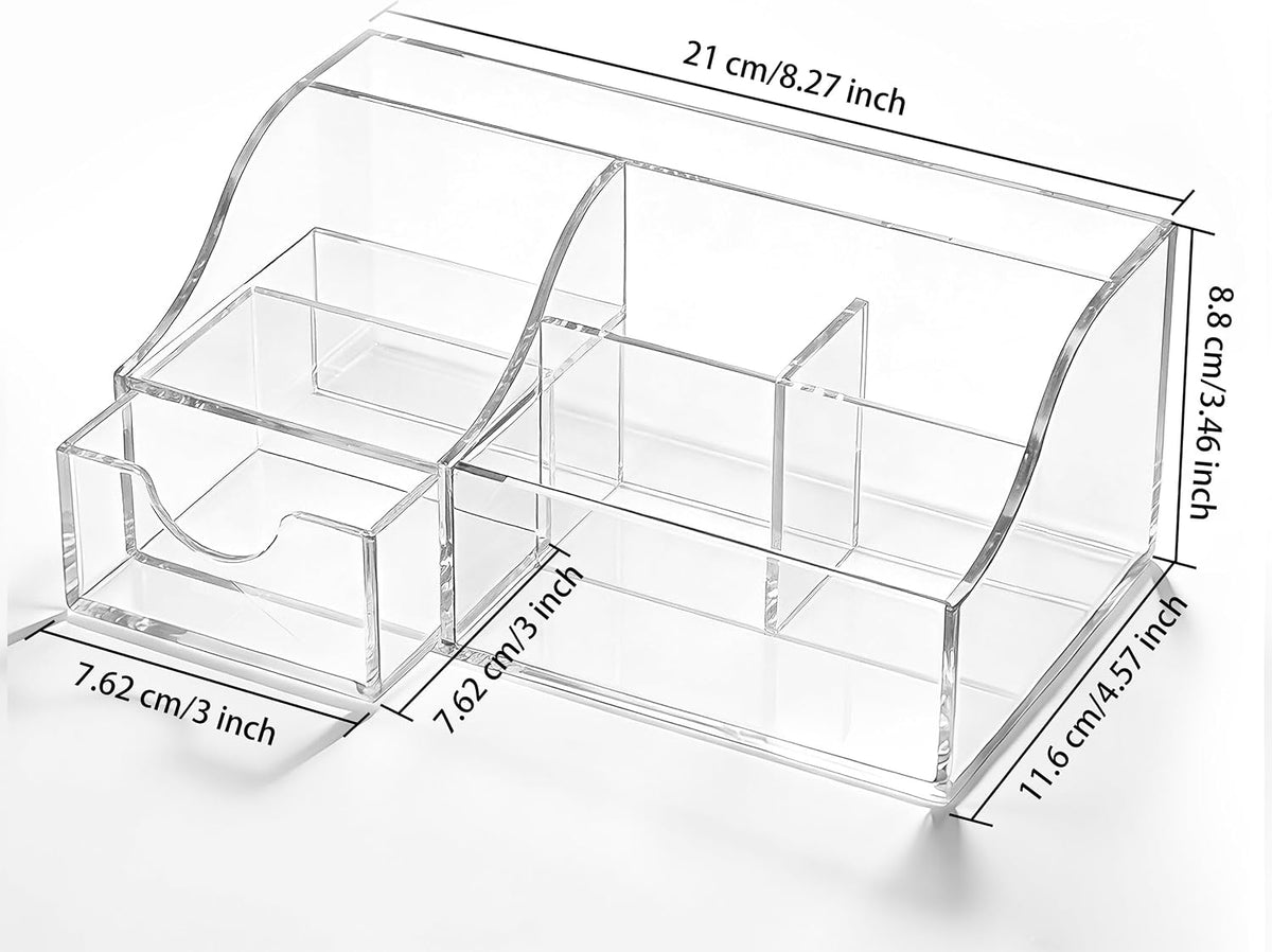 Acrylic Desk Organizer with Drawer, Pen & Pencil Holder, Multifunctional Desktop Caddy for Office Supply and Organization (Clear)