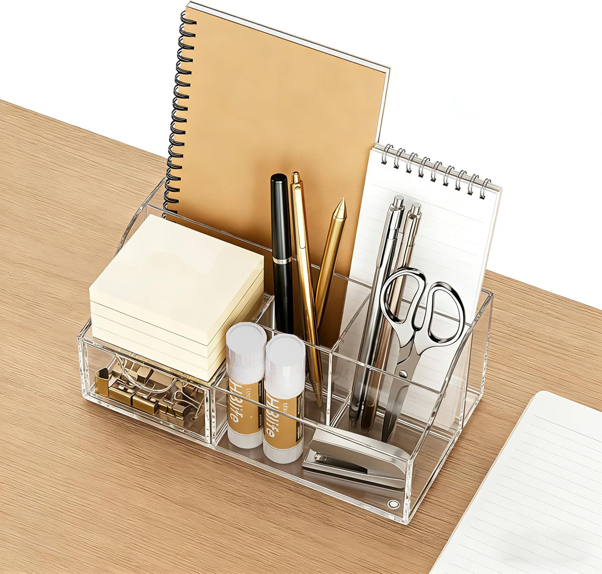 Acrylic Desk Organizer with Drawer, Pen & Pencil Holder, Multifunctional Desktop Caddy for Office Supply and Organization (Clear)