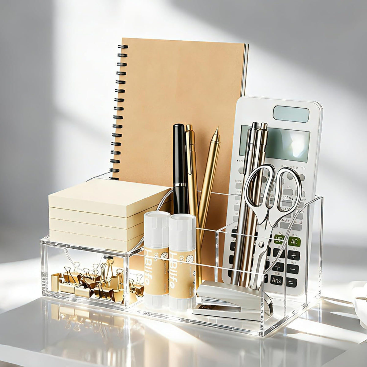 Acrylic Desk Organizer with Drawer, Pen & Pencil Holder, Multifunctional Desktop Caddy for Office Supply and Organization (Clear)