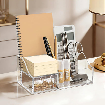 Acrylic Desk Organizer with Drawer, Pen & Pencil Holder, Multifunctional Desktop Caddy for Office Supply and Organization (Clear)
