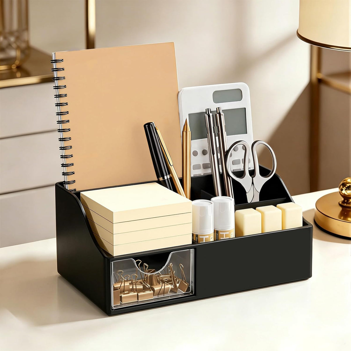 Acrylic Desk Organizer with Drawer, Pen & Pencil Holder, Multifunctional Desktop Caddy for Office Supply and Organization (Clear)