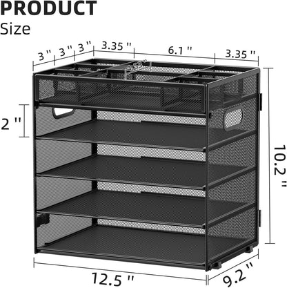 Marbrasse 5 Tier Paper Organizer Letter Tray, Mesh Desk File Organizer with Handle, Paper Sorter Desk Organizer for Home Office Supplies - Black, Adjustable