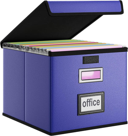 Upgraded Portable File Organizer Box with Lid, Collapsible Linen Hanging Filing Storage Boxes with Plastic Slides, Decorative Home/Office Filing System Box for File and Folders Storage (Gray)