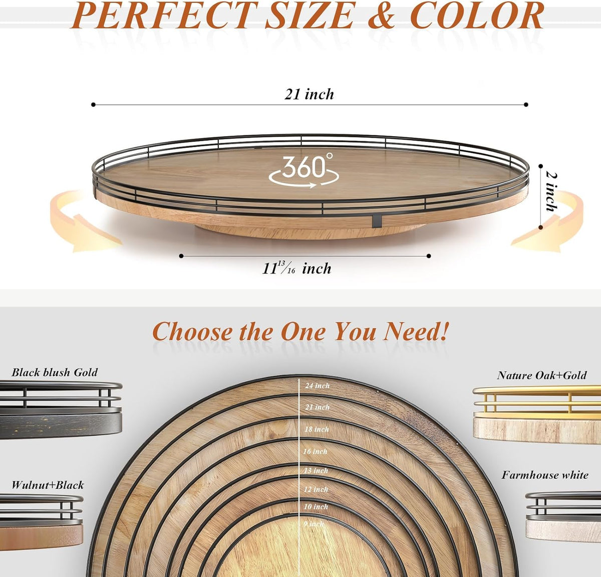 Farmhouse Oak 9" Lazy Susan Turntable Organizer for Cabinet, Round Wooden Lazy Susan Organization and Storage for Dining Table, Pantry, Kitchen, Countertop, Cupboard,Home Decor, Walnut Wood