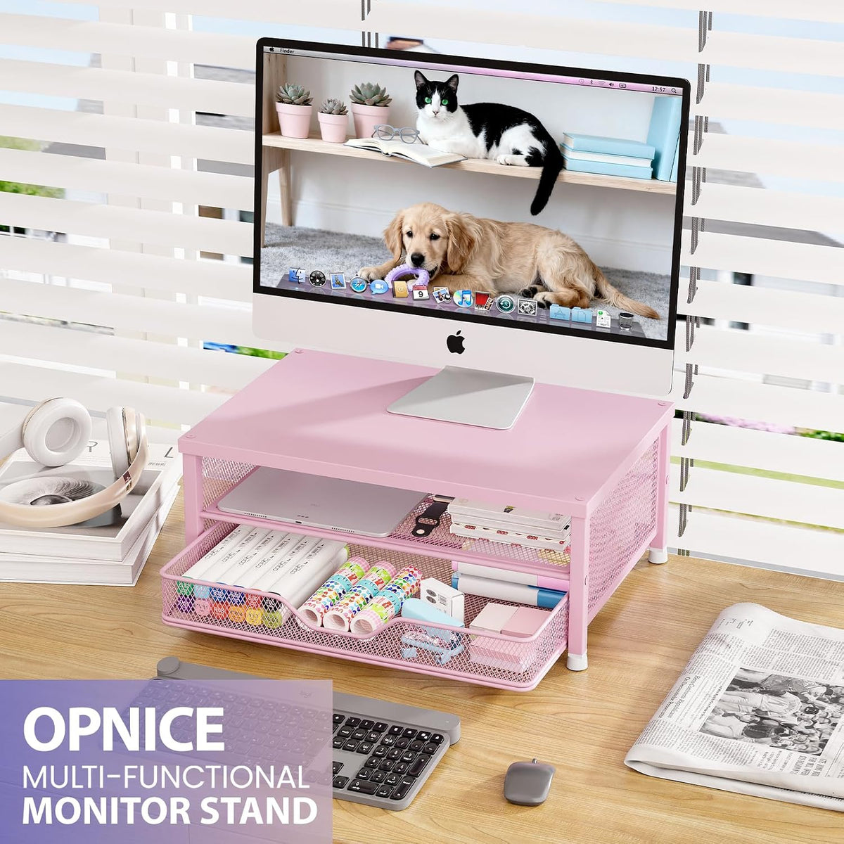 Desk Organizers and Accessories, Computer Monitor Stand Riser with Drawer and 2 Pen Holders, Printer & Laptop Stand, Office Desk Accessories & Workspace Organizers for Home Office Supplies, Black